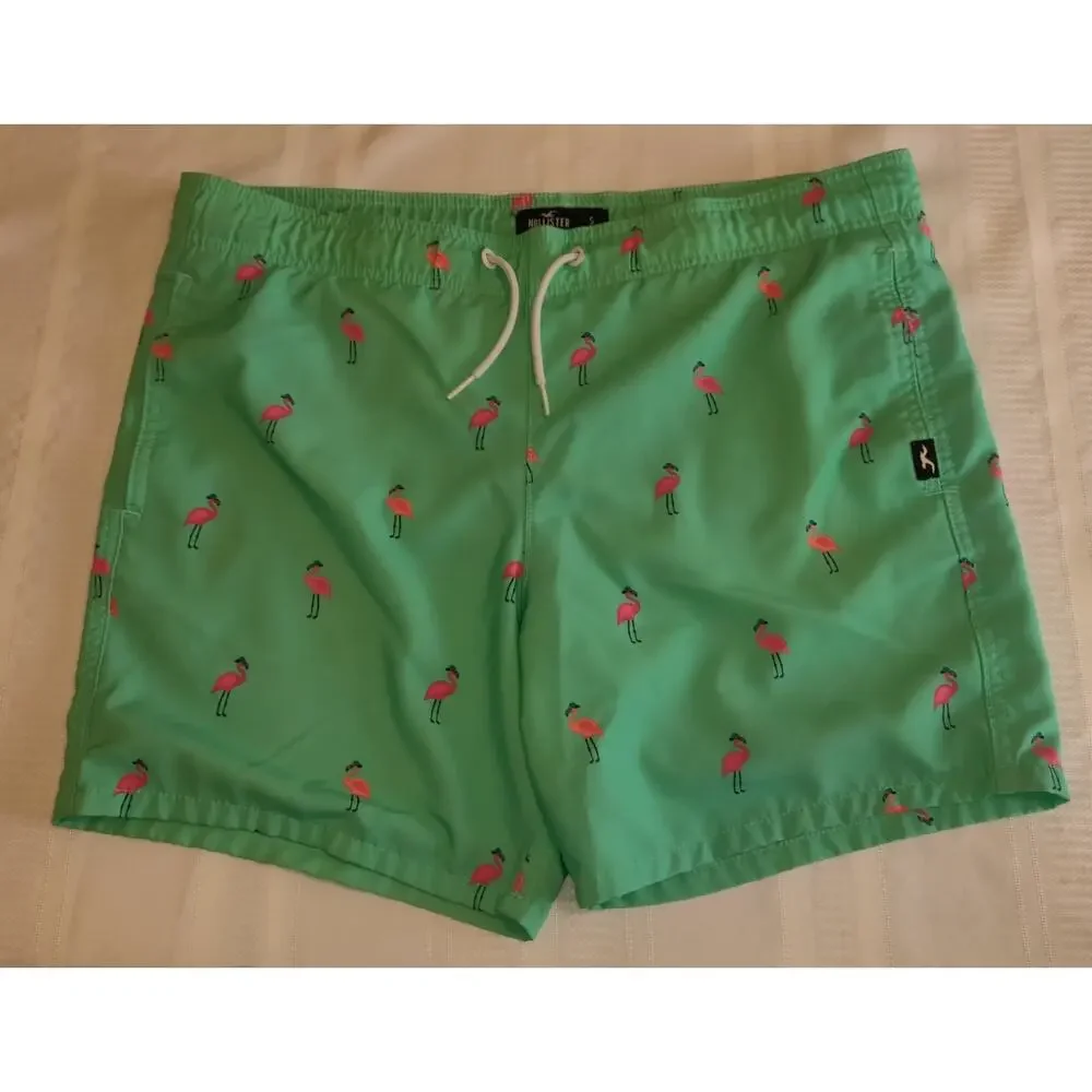 Hollister Mens Swim Trunks Sz S Green Pink Flamingos Lined Swimwear Shorts SMALL - Picture 1 of 16
